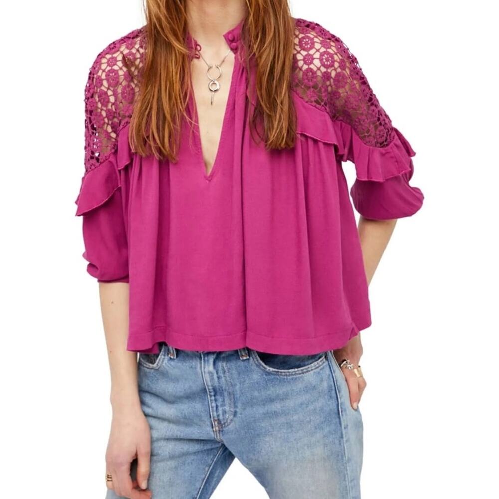 Free People Women Little Bit Of Love Knit Blouse Lace Top Bohemian Romantic C13